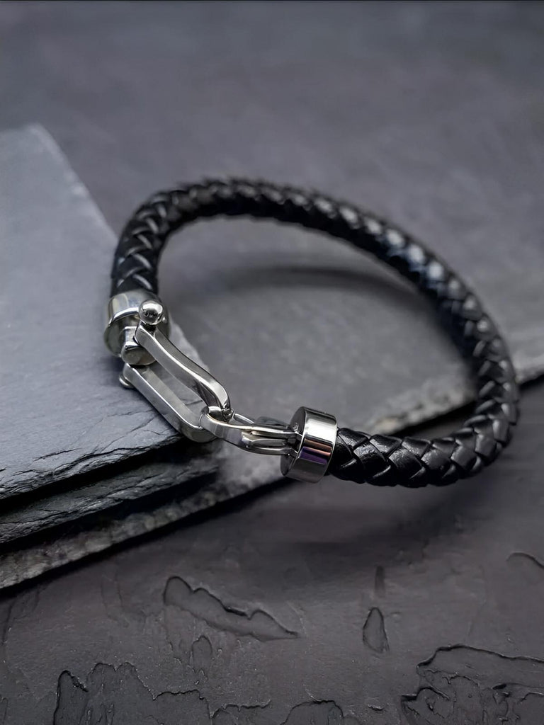 Bracelet en cuir tressé pour homme, look fer à cheval, accessoire tendance, modèle Vivien - Bracelet - Noir S