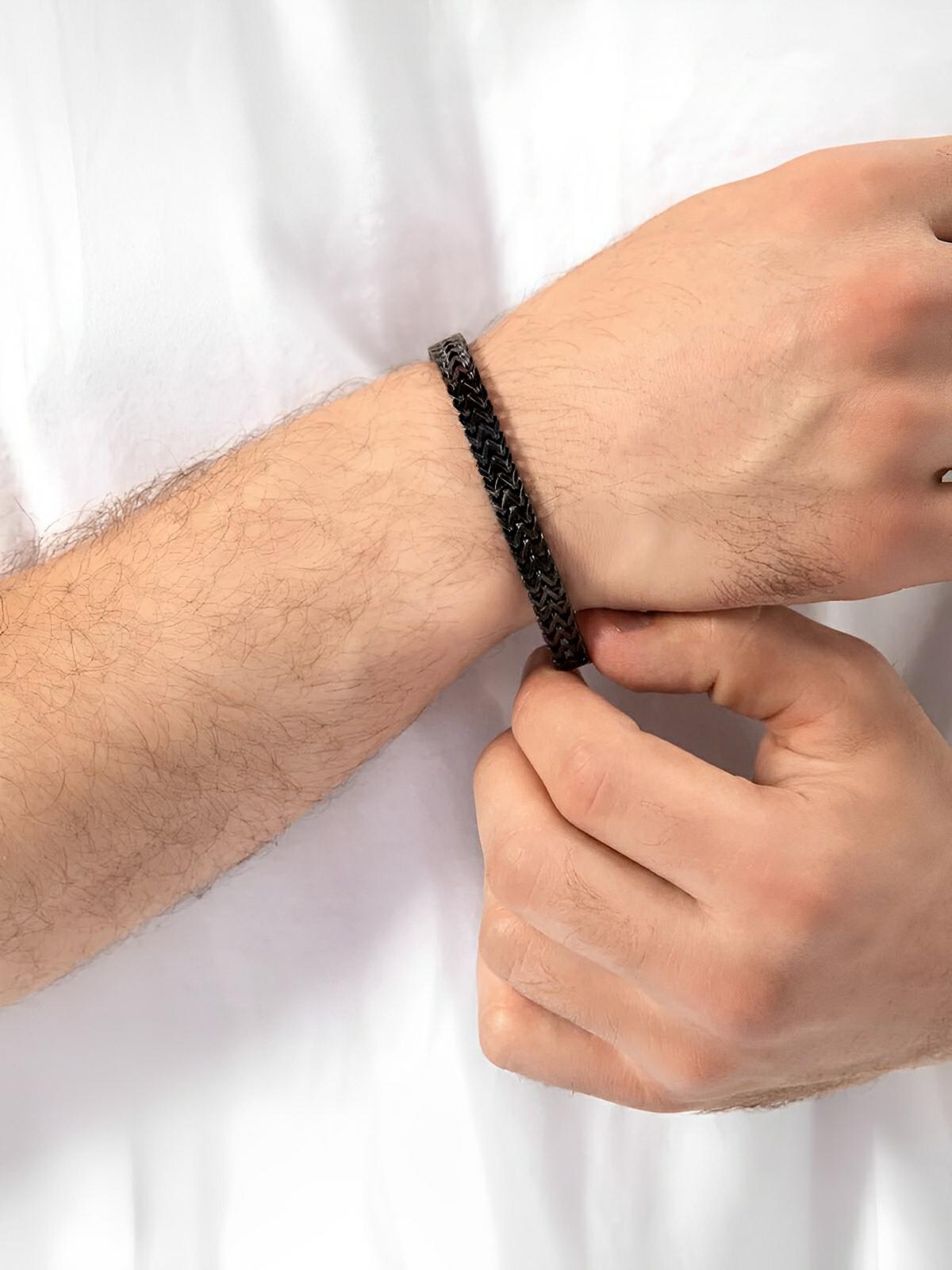 Bracelet homme acier inoxydable, double maille, fermoir magnétique, design moderne, modèle Elme - Bracelet - Noir S