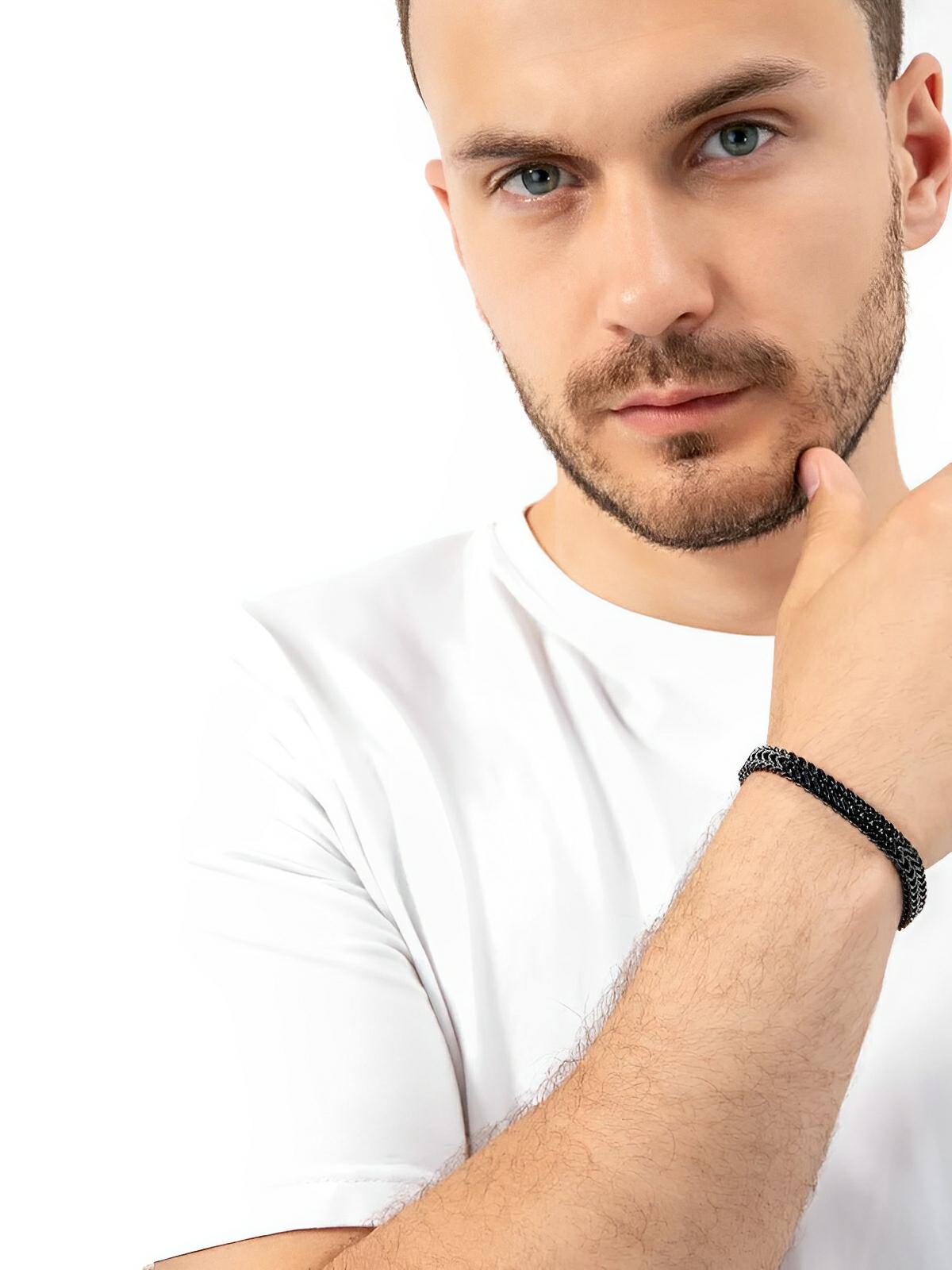 Bracelet homme acier inoxydable, double maille, fermoir magnétique, design moderne, modèle Elme - Bracelet - Noir S