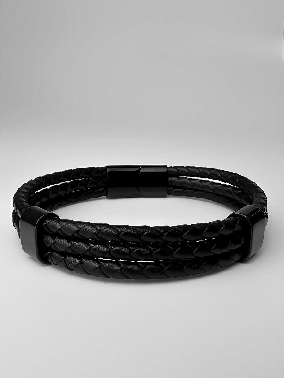 Bracelet homme cuir tressé et acier inoxydable, triple tour, fermoir magnétique, modèle Yvan - Bracelet - Noir XS