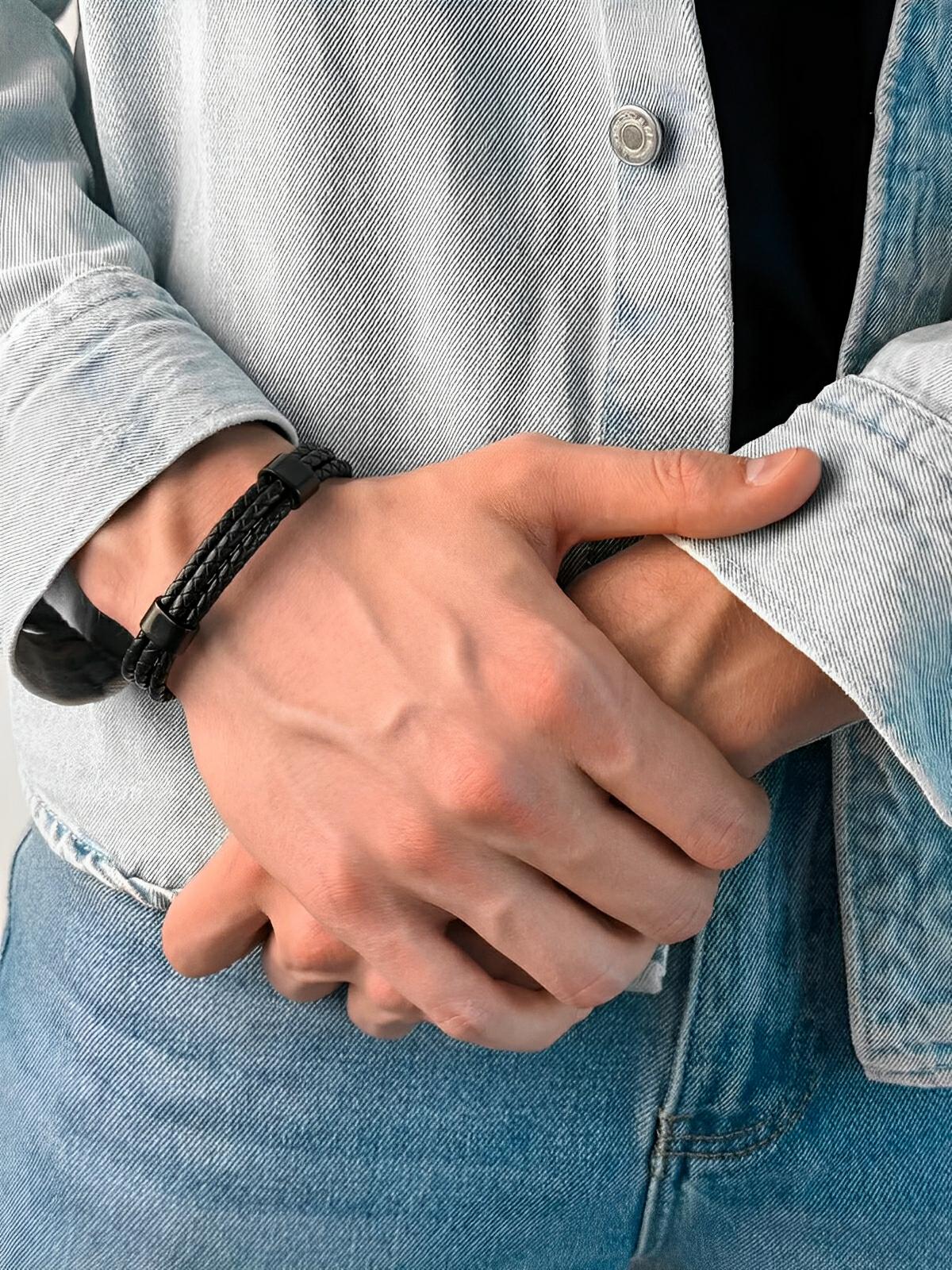 Bracelet homme cuir tressé et acier inoxydable, triple tour, fermoir magnétique, modèle Yvan - Bracelet - Noir XS