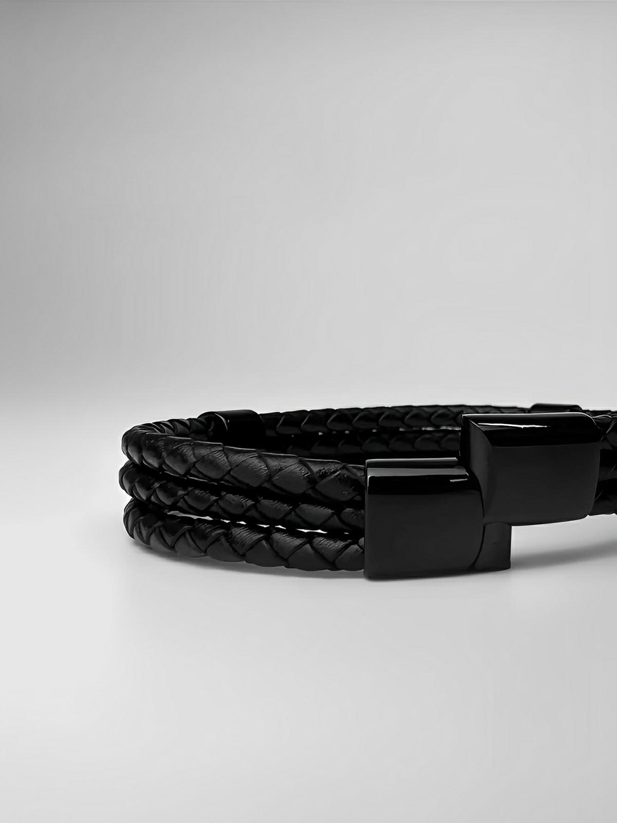 Bracelet homme cuir tressé et acier inoxydable, triple tour, fermoir magnétique, modèle Yvan - Bracelet - Noir XS