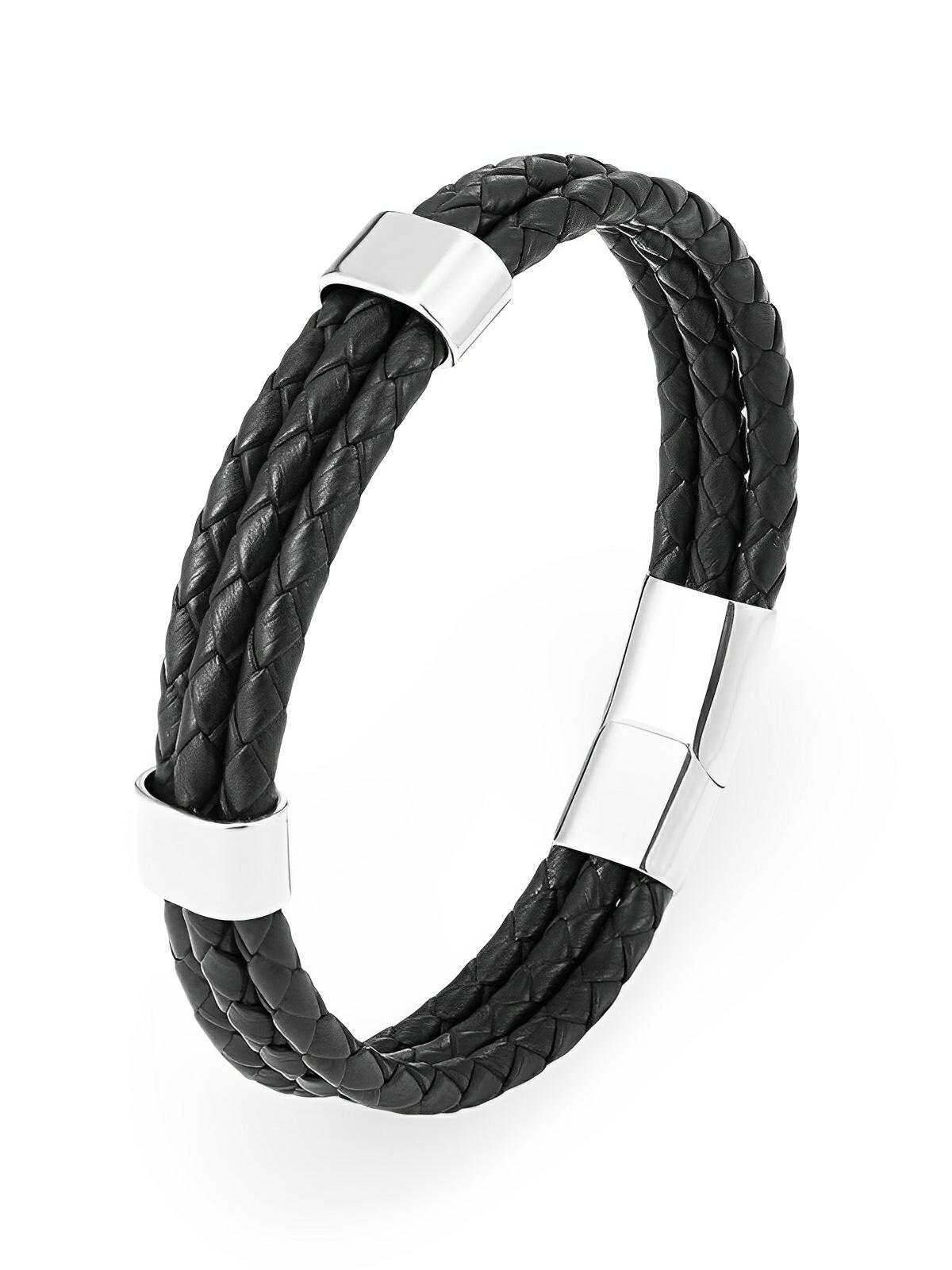 Bracelet homme cuir tressé et acier inoxydable, triple tour, fermoir magnétique, modèle Yvan - Bracelet - Noir et argent XS