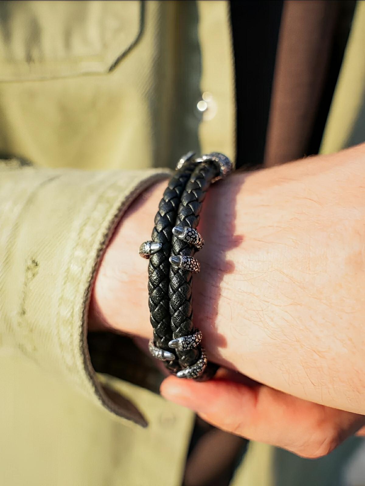 Bracelet homme cuir tressé, griffes en acier, style rock, modèle Silvère - Bracelet - Noir S