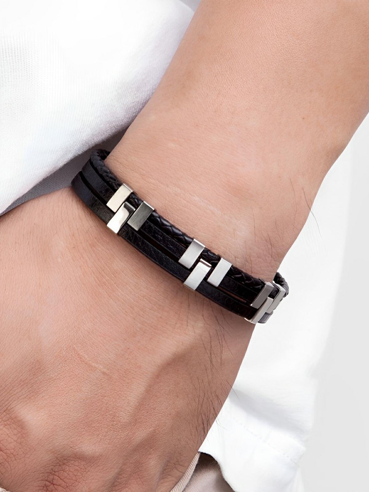 Bracelet homme en cuir, acier inoxydable, design moderne et naturel, modèle Daryl - Bracelet - Noir S
