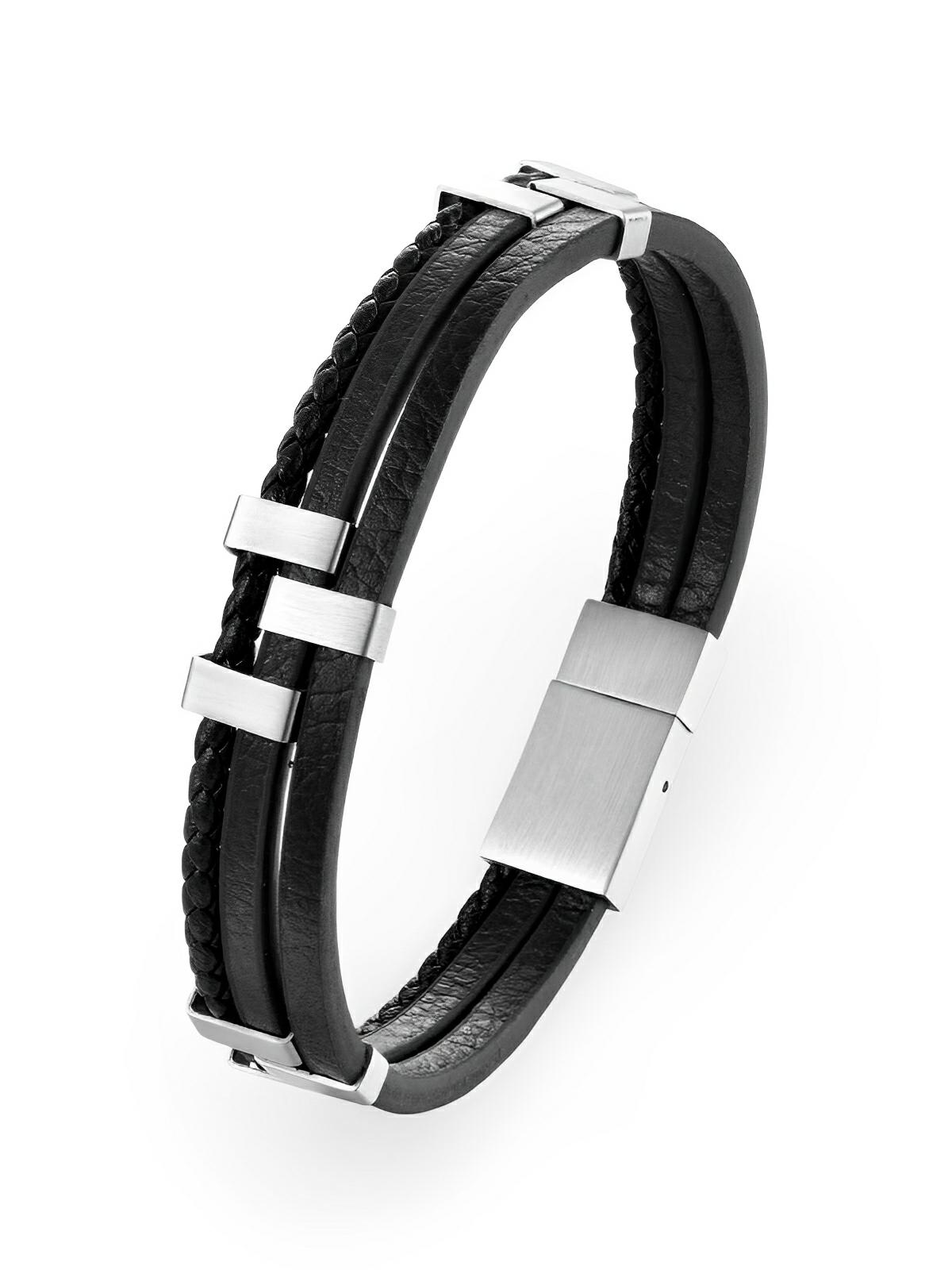 Bracelet homme en cuir, acier inoxydable, design moderne et naturel, modèle Daryl - Bracelet - Noir S