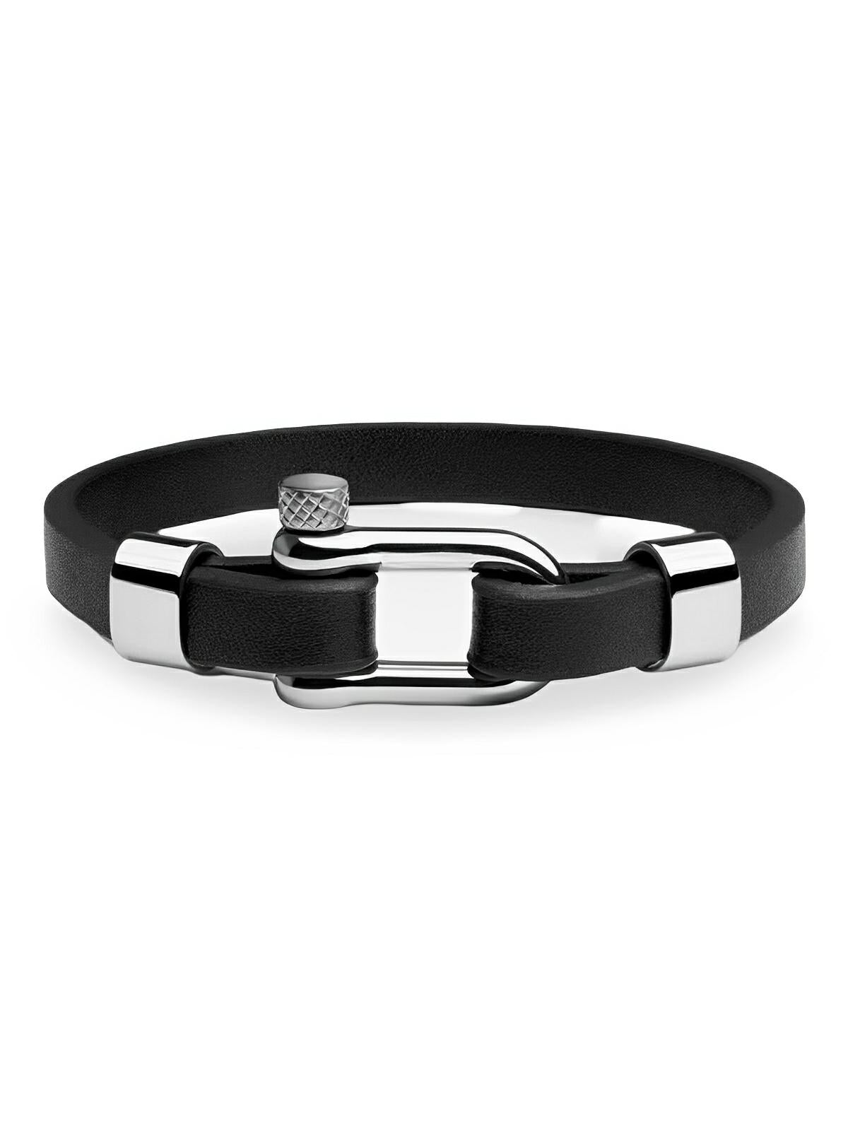 Bracelet homme en cuir noir, fermoir à manille, bijou tendance, modèle Gaston - Bracelet - Noir et argent S