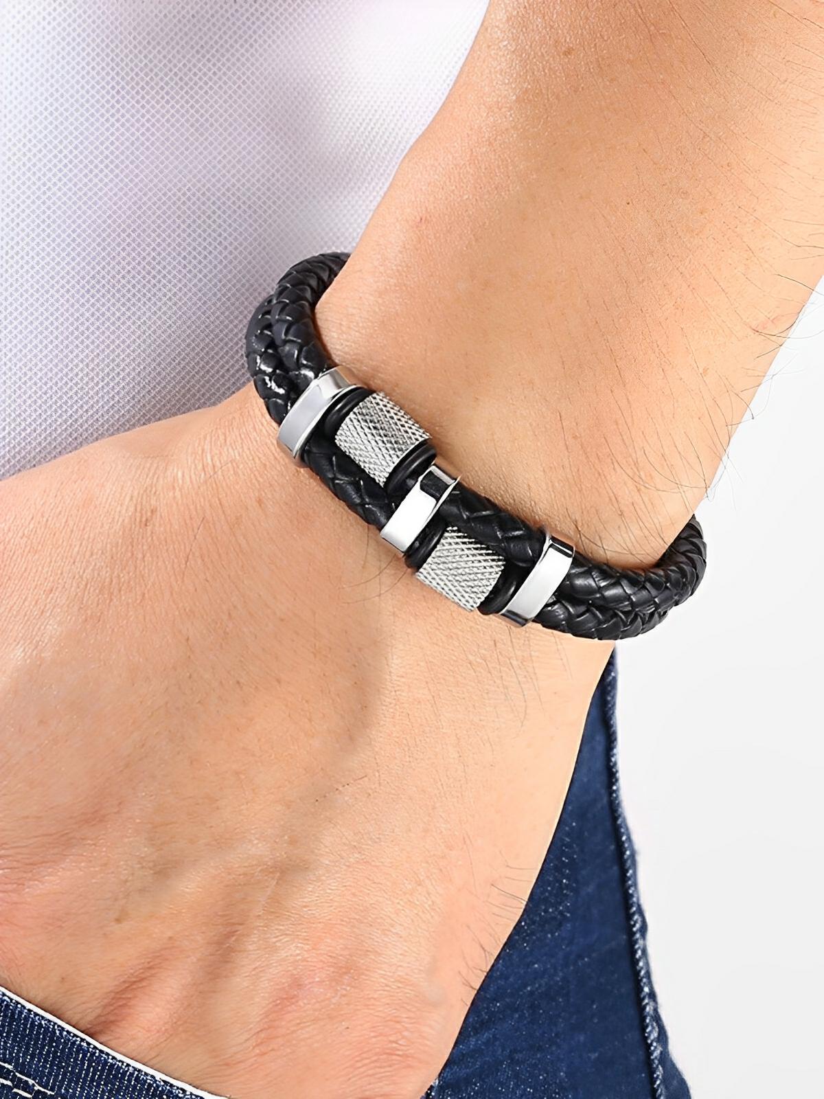 Bracelet homme en cuir tressé, acier inoxydable, double rang, détails méticuleux, modèle Roselin - Bracelet - Noir et argent XS