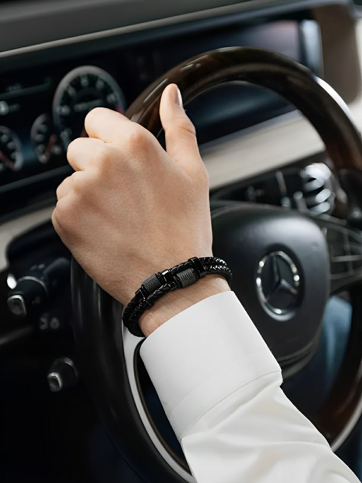 Bracelet homme en cuir tressé, acier inoxydable, double rang, détails méticuleux, modèle Roselin - Bracelet - Noir XS