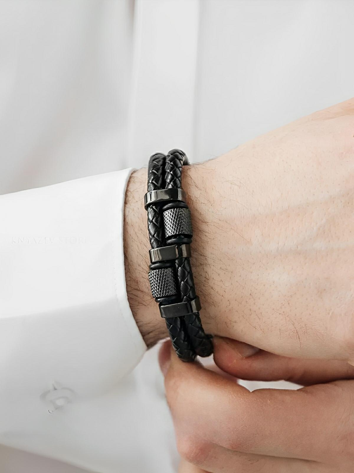 Bracelet homme en cuir tressé, acier inoxydable, double rang, détails méticuleux, modèle Roselin - Bracelet - Noir XS