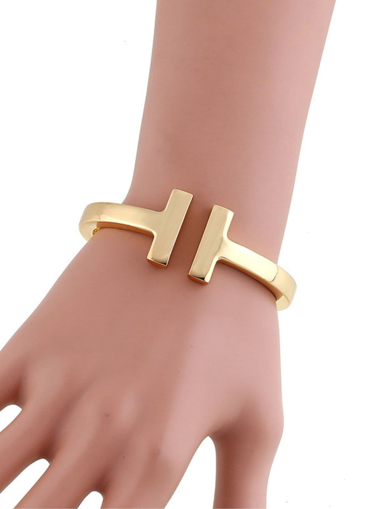 Bracelet jonc T, métal argenté, style géométrique, design massif, modèle Dora - Bracelet - Or