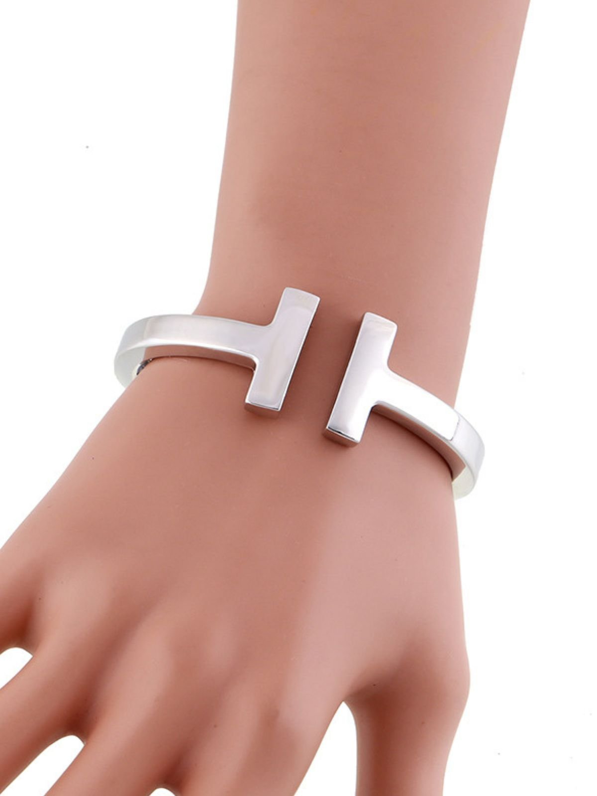 Bracelet jonc T, métal argenté, style géométrique, design massif, modèle Dora - Bracelet - Argent