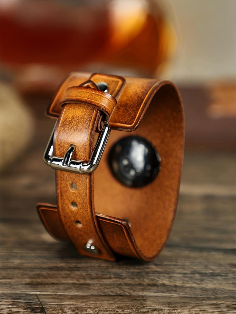 Bracelet large cuir Apple Watch, sangle vintage, cuir pleine fleur, design rétro, modèle Célian - Bracelet Apple Watch - Camel 38 à 42mm