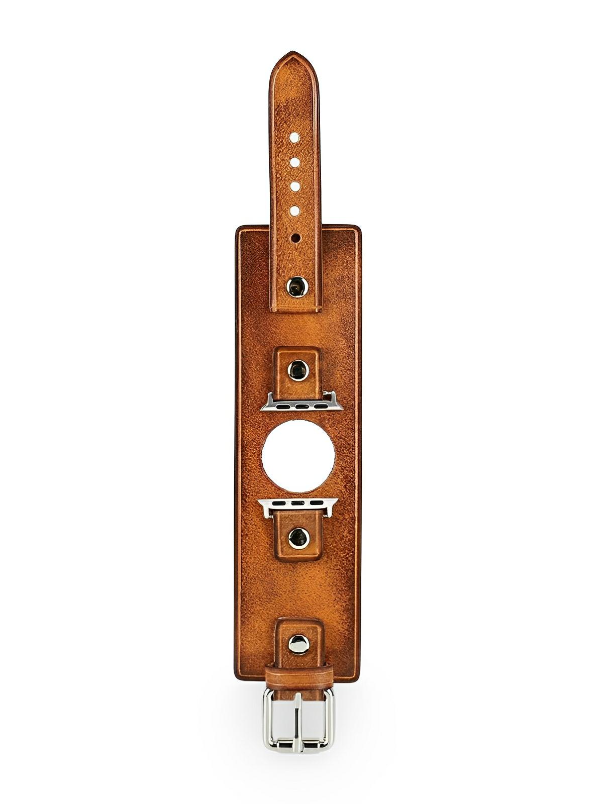 Bracelet large cuir Apple Watch, sangle vintage, cuir pleine fleur, design rétro, modèle Célian - Bracelet Apple Watch - Camel 38 à 42mm