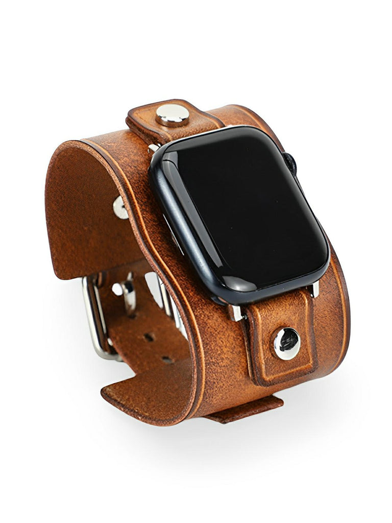 Bracelet large cuir Apple Watch, sangle vintage, cuir pleine fleur, design rétro, modèle Célian - Bracelet Apple Watch - Camel 38 à 42mm