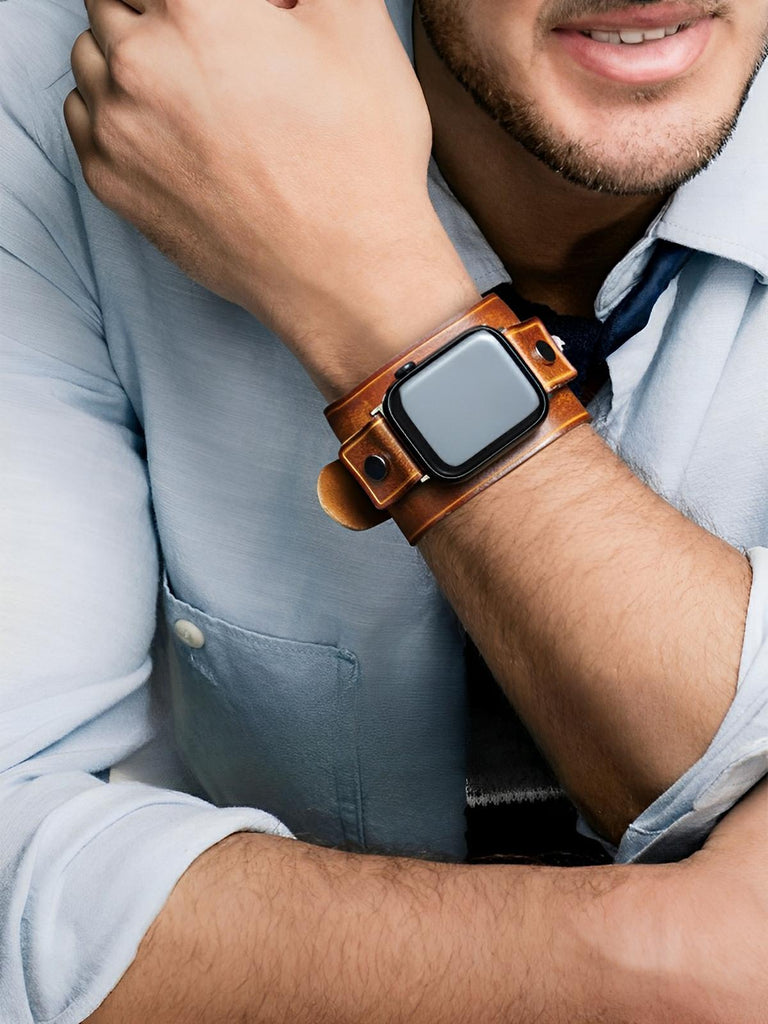 Bracelet large cuir Apple Watch, sangle vintage, cuir pleine fleur, design rétro, modèle Célian - Bracelet Apple Watch - Camel 38 à 42mm