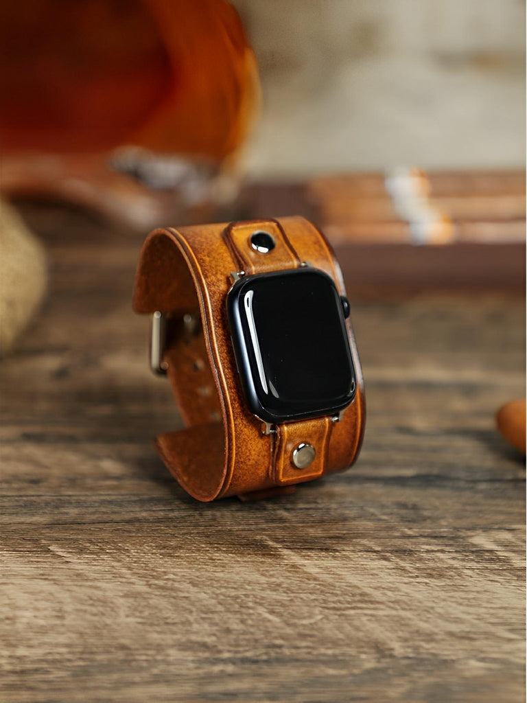 Bracelet large cuir Apple Watch, sangle vintage, cuir pleine fleur, design rétro, modèle Célian - Bracelet Apple Watch - Camel 38 à 42mm