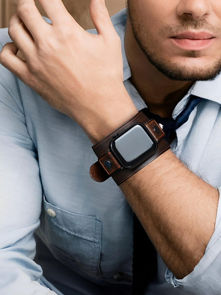 Bracelet large cuir Apple Watch, sangle vintage, cuir pleine fleur, design rétro, modèle Célian - Bracelet Apple Watch - Café 38 à 42mm