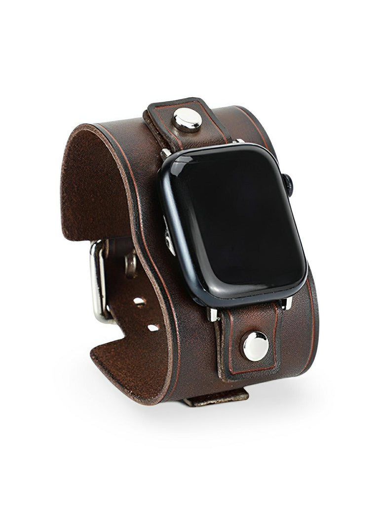 Bracelet large cuir Apple Watch, sangle vintage, cuir pleine fleur, design rétro, modèle Célian - Bracelet Apple Watch - Café 38 à 42mm