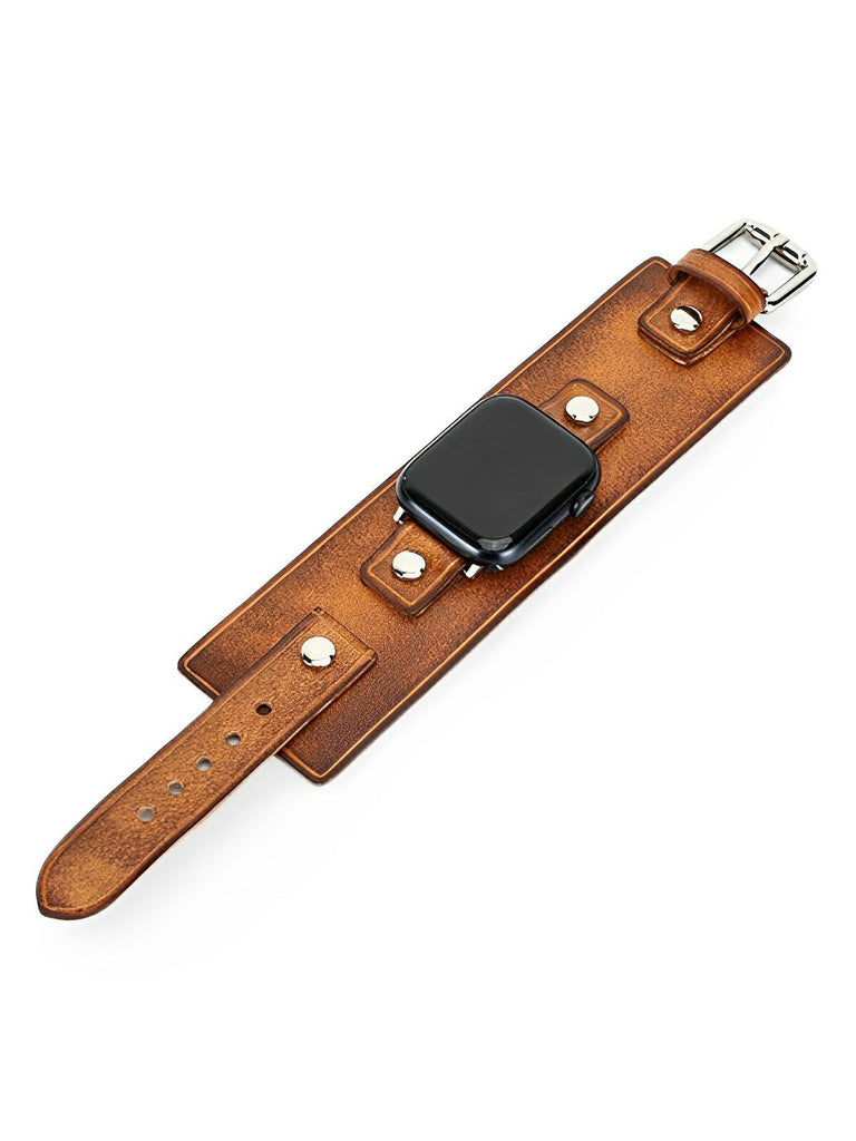 Bracelet large cuir Apple Watch, sangle vintage, cuir pleine fleur, design rétro, modèle Célian - Bracelet Apple Watch - Camel 38 à 42mm