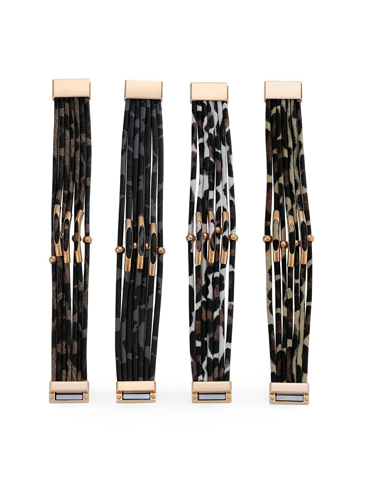 Bracelet magnétique multicouche en simili vegan avec imprimé léopard, perles et tube de cuivre incurvé, modèle Arnelle - Bracelet - Marron