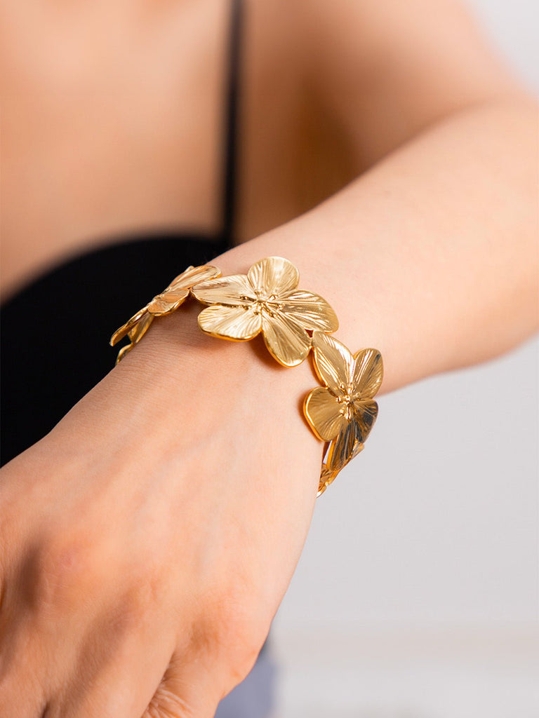 Bracelet manchette fleurs dorées, jonc ouvert, style romantique, finition brillante, bijou en acier inoxydable, modèle Stephanie - Boucles d'oreilles - Or