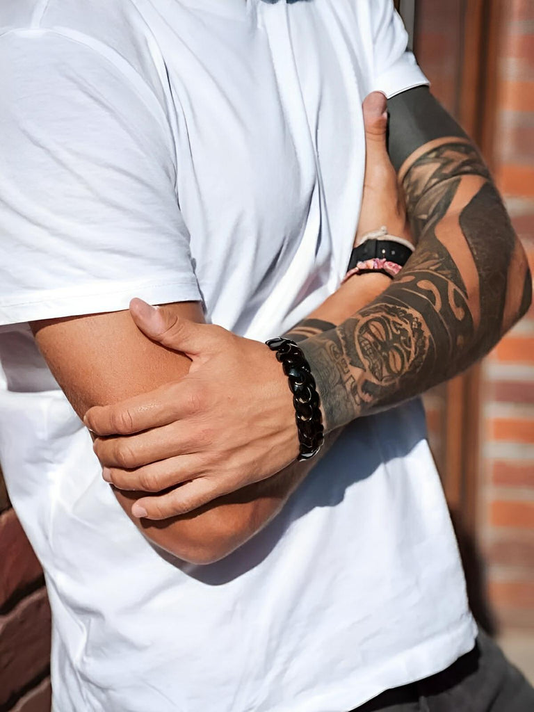 Bracelet pour homme en acier inoxydable, chaîne épaisse, design robuste, style urbain, modèle Tanguy - Bracelet - Noir S