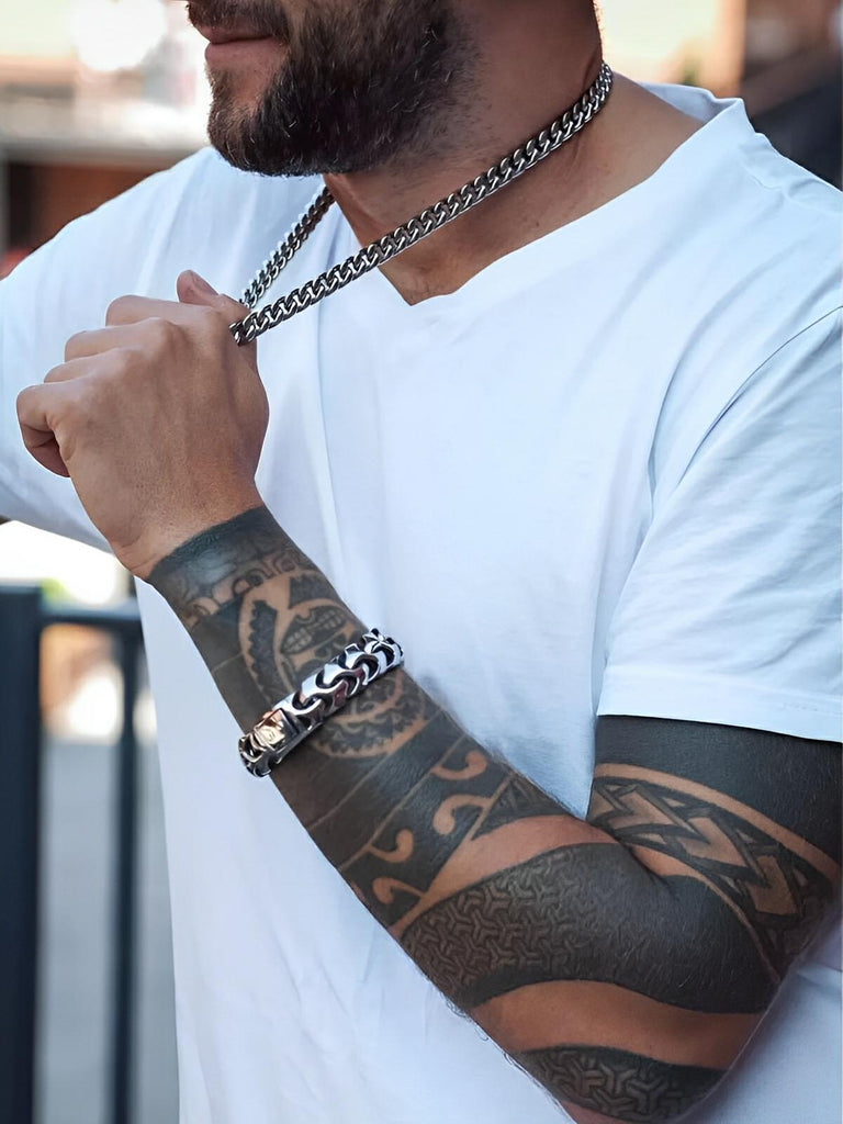 Bracelet pour homme en acier inoxydable, chaîne épaisse, design robuste, style urbain, modèle Tanguy - Bracelet - Argent S