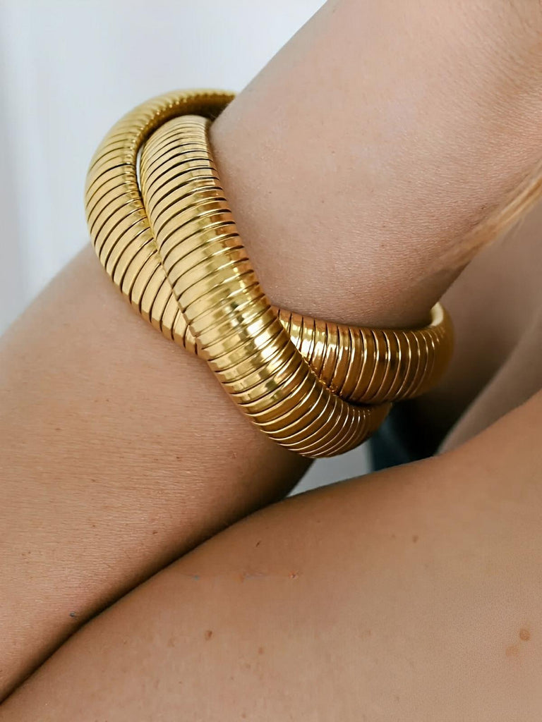 Bracelet serpent acier doré, bracelet double tour élastique, bijou serpent 18K, bracelet sans fermoir, jonc serpent souple, modèle Petra - Bracelet - Or