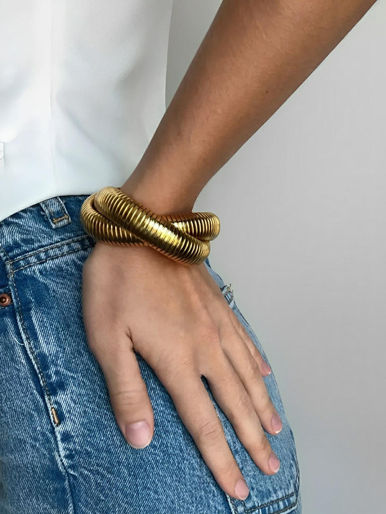 Bracelet serpent acier doré, bracelet double tour élastique, bijou serpent 18K, bracelet sans fermoir, jonc serpent souple, modèle Petra - Bracelet - Or