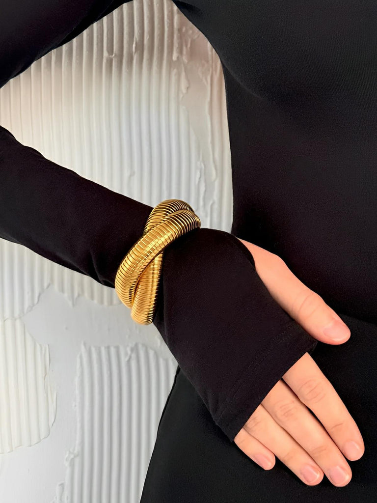 Bracelet serpent acier doré, bracelet double tour élastique, bijou serpent 18K, bracelet sans fermoir, jonc serpent souple, modèle Petra - Bracelet - Or