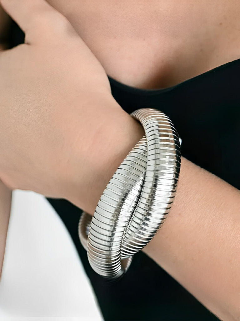 Bracelet serpent acier doré, bracelet double tour élastique, bijou serpent 18K, bracelet sans fermoir, jonc serpent souple, modèle Petra - Bracelet - Argent