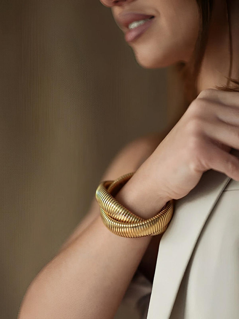 Bracelet serpent acier doré, bracelet double tour élastique, bijou serpent 18K, bracelet sans fermoir, jonc serpent souple, modèle Petra - Bracelet - Or