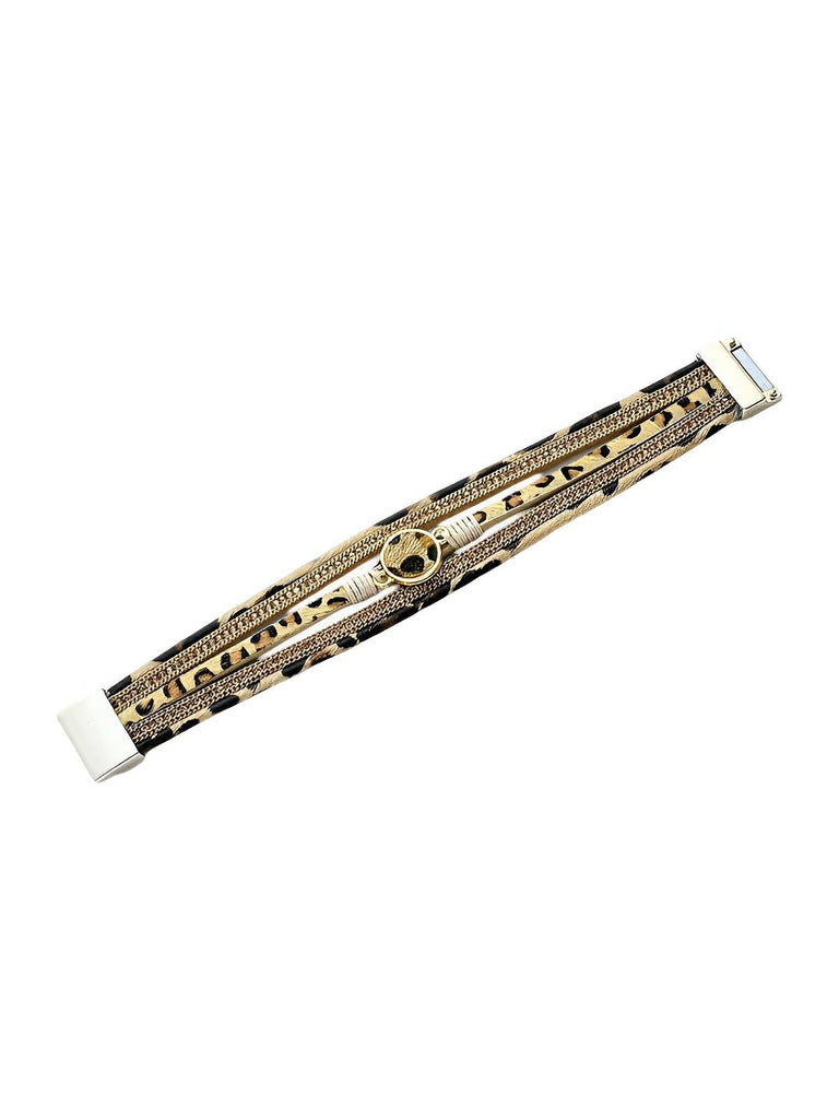 Bracelet simili vegan léopard, fermoir magnétique, déco dorée, style safari, poils effet fourrure, modèle Alya - Bracelet - Beige