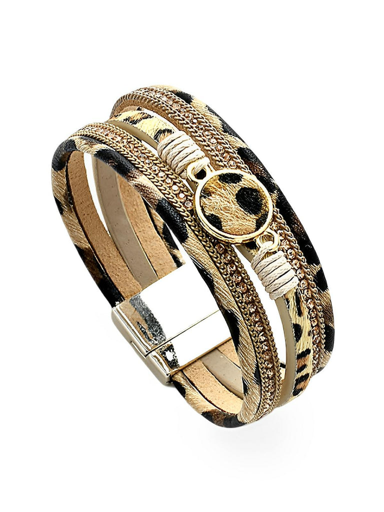 Bracelet simili vegan léopard, fermoir magnétique, déco dorée, style safari, poils effet fourrure, modèle Alya - Bracelet - Beige