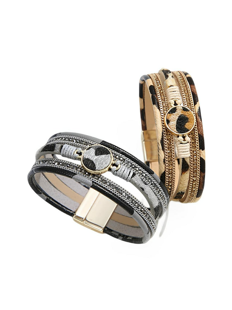 Bracelet simili vegan léopard, fermoir magnétique, déco dorée, style safari, poils effet fourrure, modèle Alya - Bracelet - Gris