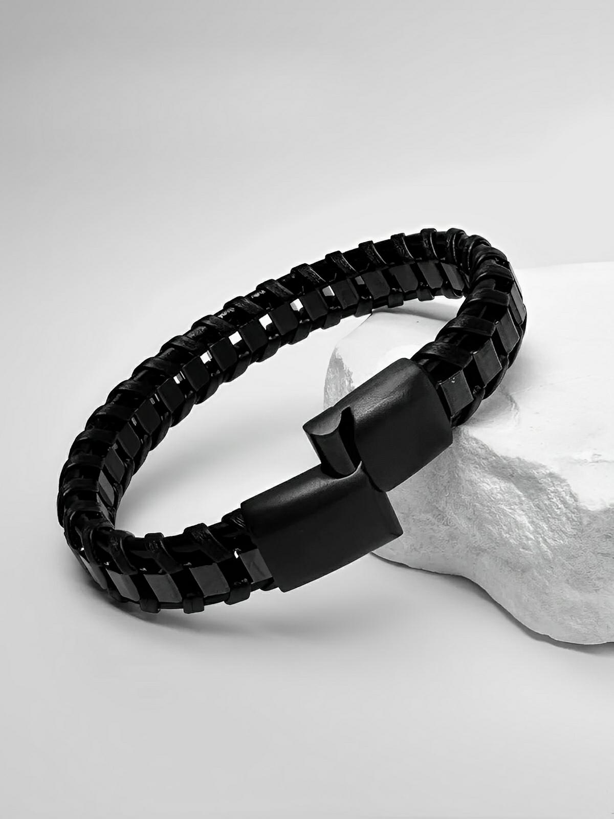 Bracelet tressé en cuir noir, acier inoxydable, fermoir magnétique, style élégant, modèle Arnaud - Bracelet - Noir S