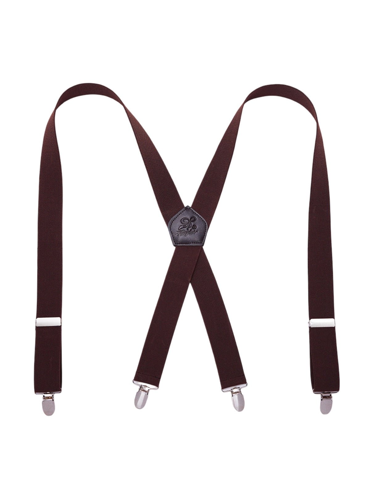 Bretelles homme AX4, pinces métalliques robustes, cuir véritable, confort élastique, design croisé X, ajustables 4 clips, style classique moderne, modèle Fabien - Bretelles - Marron