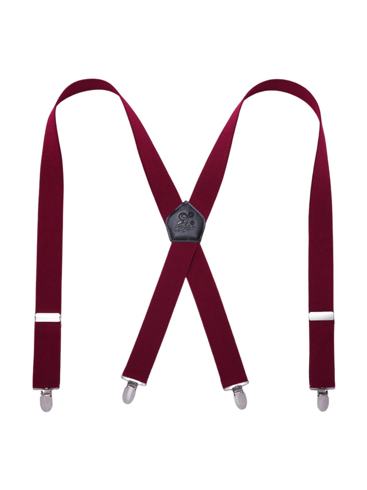 Bretelles homme AX4, pinces métalliques robustes, cuir véritable, confort élastique, design croisé X, ajustables 4 clips, style classique moderne, modèle Fabien - Bretelles - Bordeaux