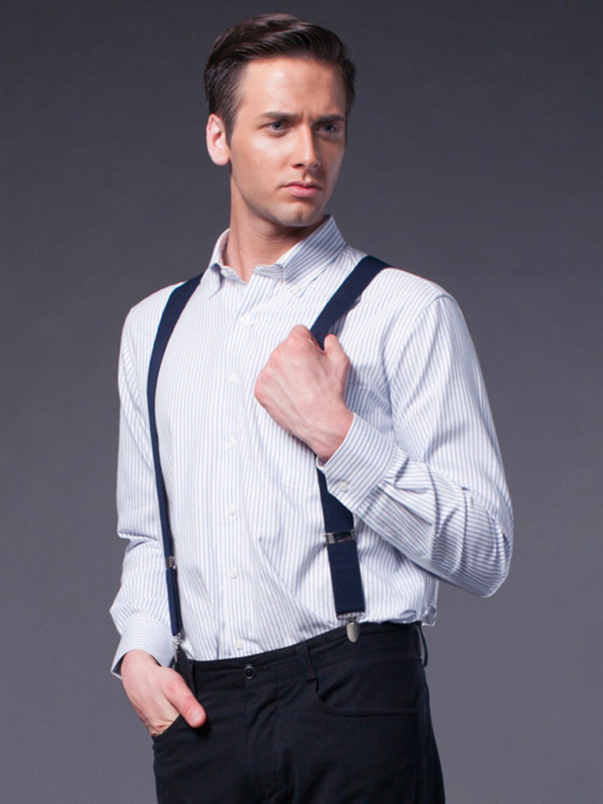 Bretelles homme AX4, pinces métalliques robustes, cuir véritable, confort élastique, design croisé X, ajustables 4 clips, style classique moderne, modèle Fabien - Bretelles - Noir