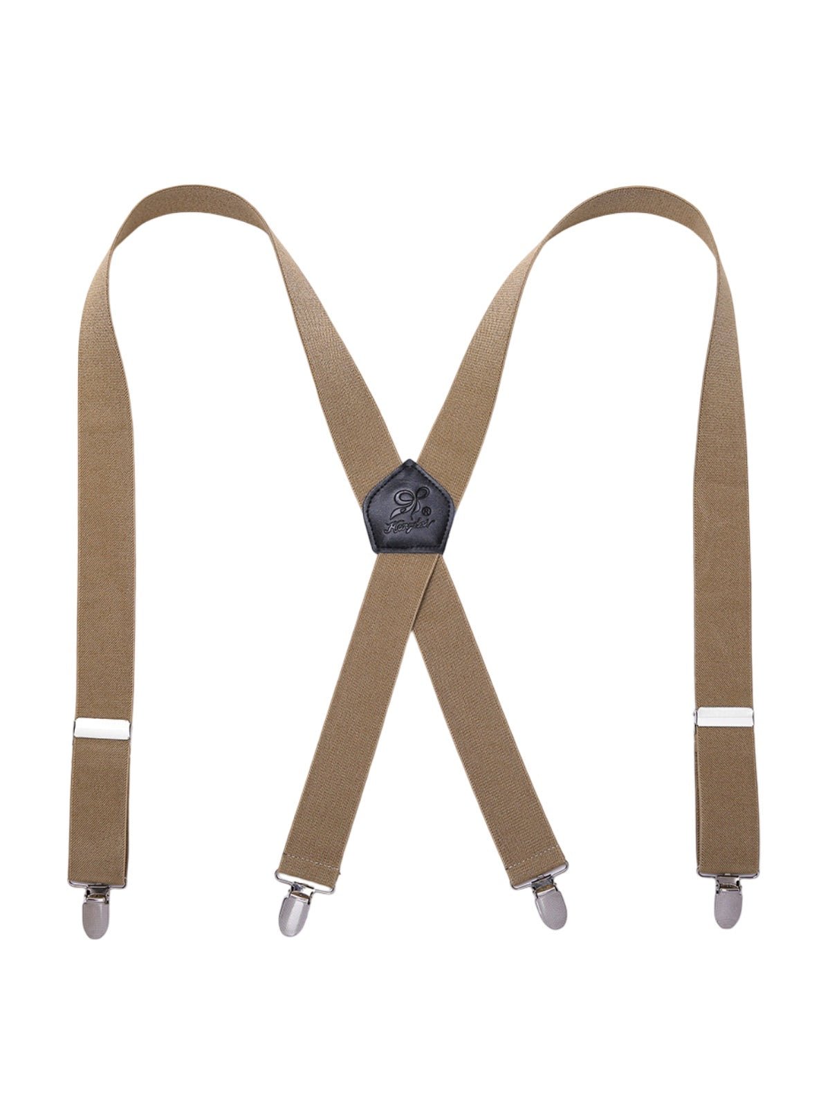 Bretelles homme AX4, pinces métalliques robustes, cuir véritable, confort élastique, design croisé X, ajustables 4 clips, style classique moderne, modèle Fabien - Bretelles - Beige