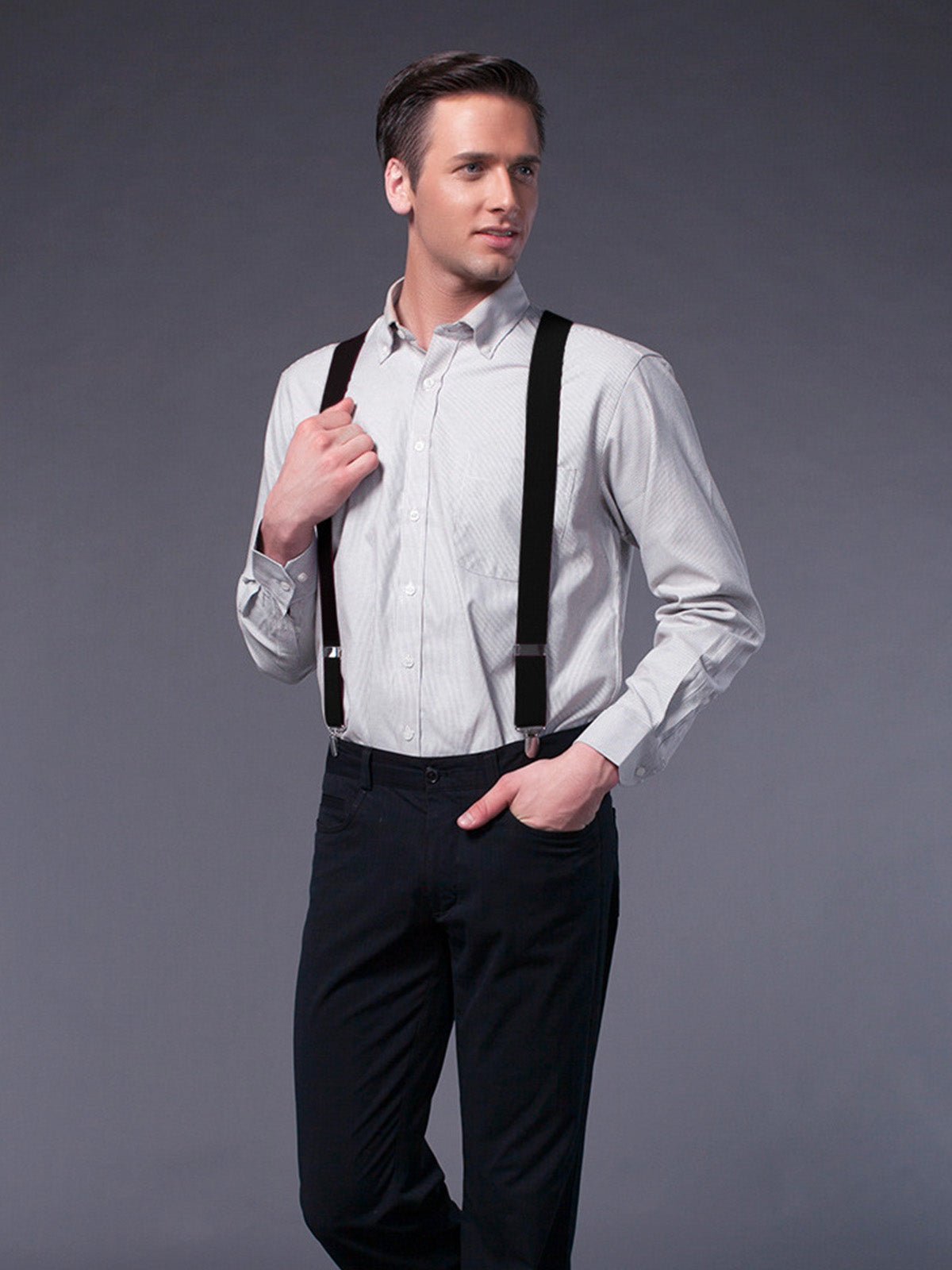 Bretelles homme AX4, pinces métalliques robustes, cuir véritable, confort élastique, design croisé X, ajustables 4 clips, style classique moderne, modèle Fabien - Bretelles - Noir