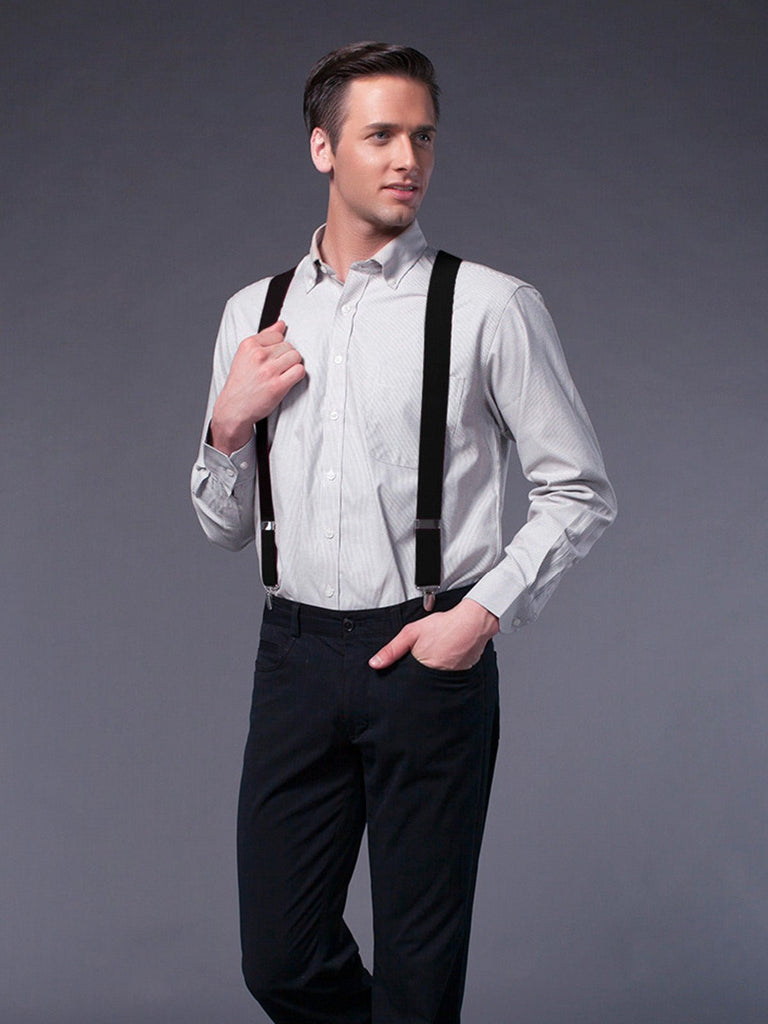 Bretelles homme AX4, pinces métalliques robustes, cuir véritable, confort élastique, design croisé X, ajustables 4 clips, style classique moderne, modèle Fabien - Bretelles - Noir
