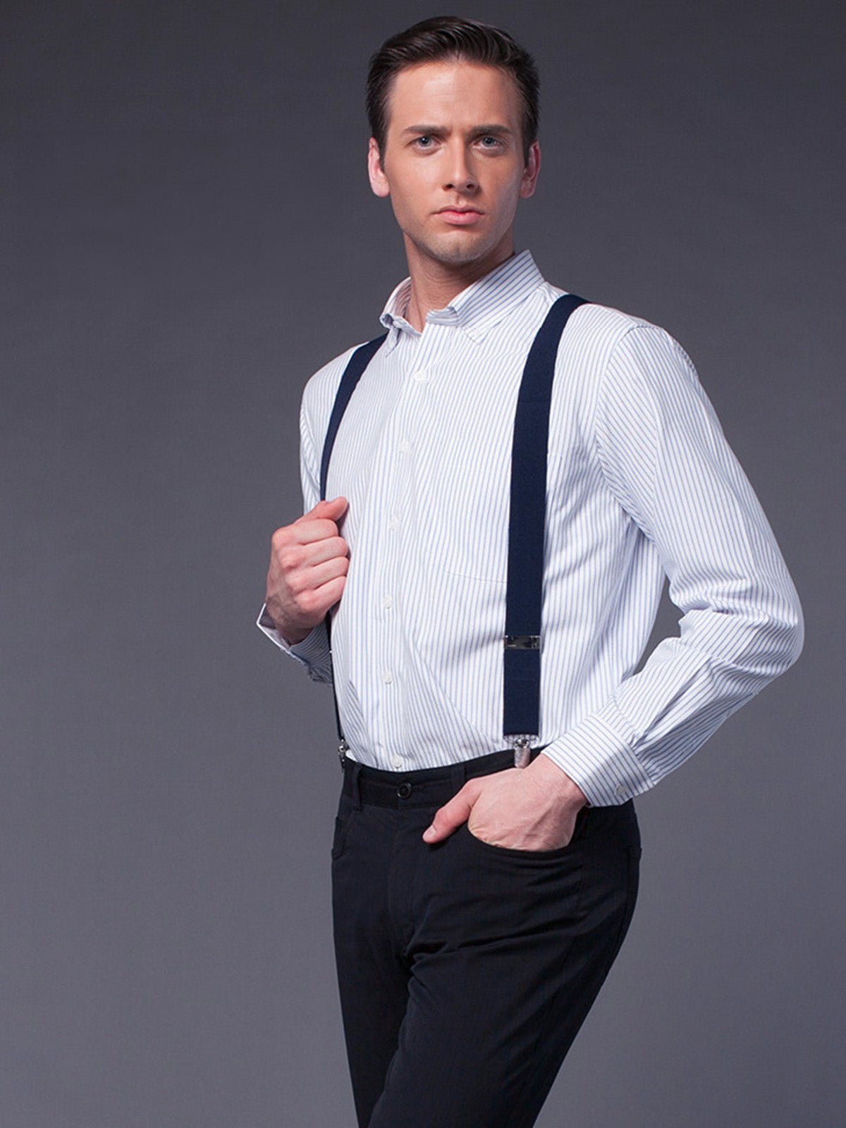 Bretelles homme AX4, pinces métalliques robustes, cuir véritable, confort élastique, design croisé X, ajustables 4 clips, style classique moderne, modèle Fabien - Bretelles - Noir