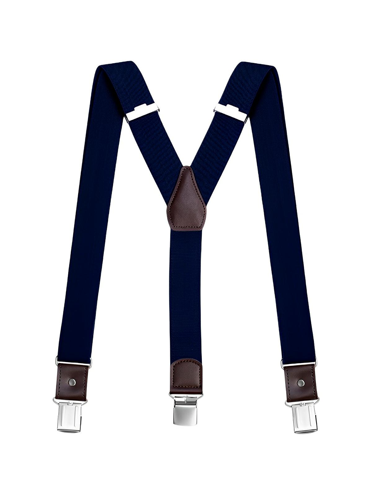 Bretelles homme forme Y, pinces métalliques solides, bandes élastiques ajustables, cuir véritable, tenue formelle ou décontractée, modèle François - Bretelles - Bleu marine