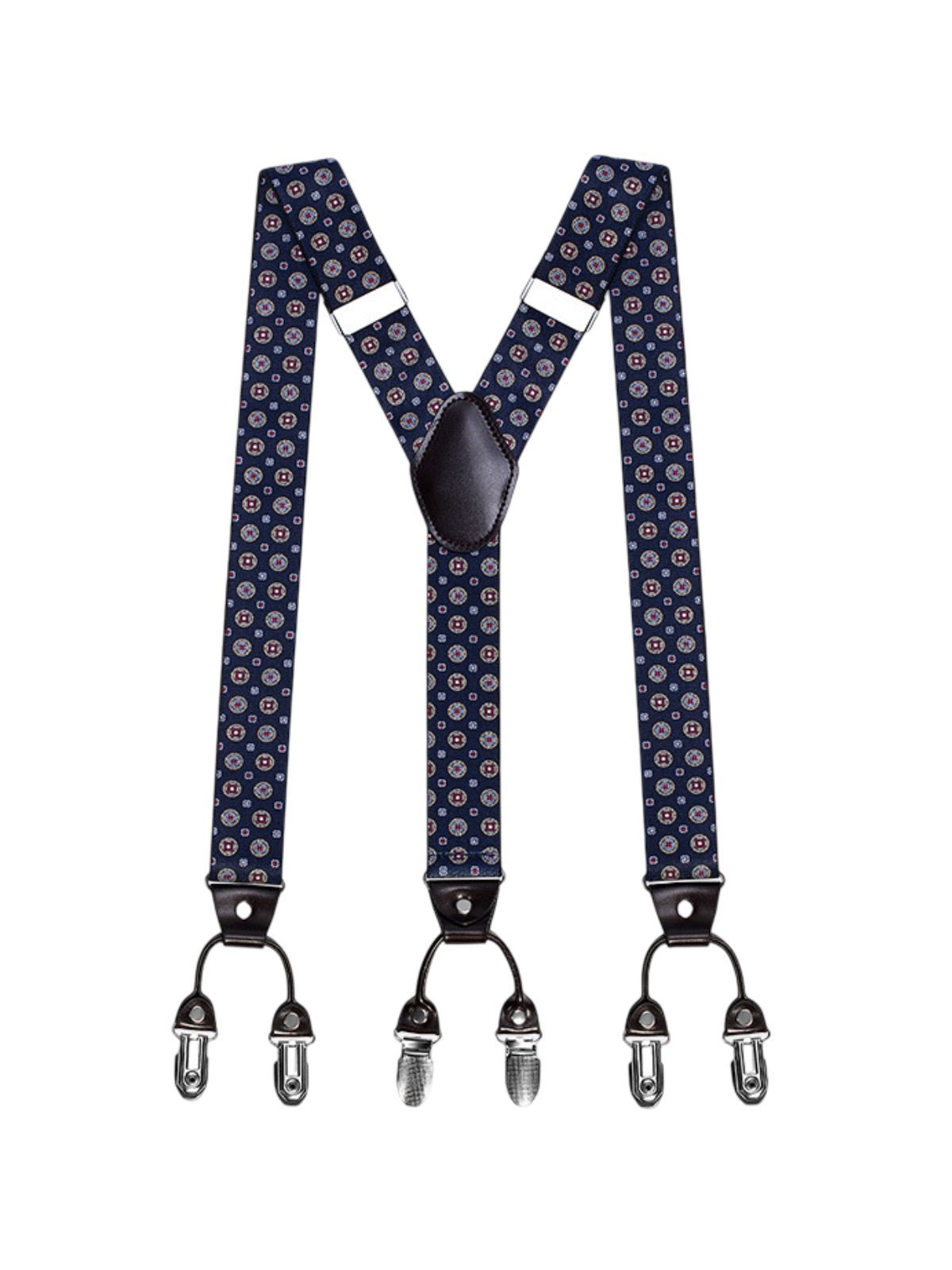 Bretelles homme, style européen, forme Y, double pinces métal, cuir véritable, bande élastique, réglable, motif losange, tenue habillée, accessoire pantalon, modèle Bertrand - Bretelles - Style 8