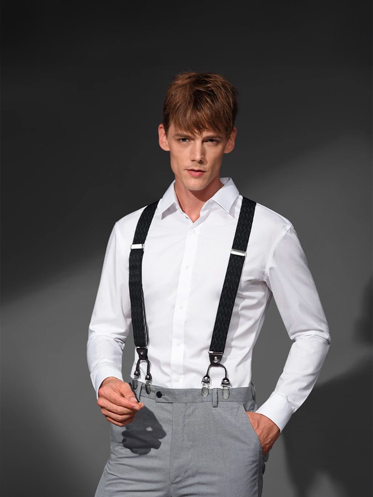 Bretelles homme, style européen, forme Y, double pinces métal, cuir véritable, bande élastique, réglable, motif losange, tenue habillée, accessoire pantalon, modèle Bertrand - Bretelles - Style 1