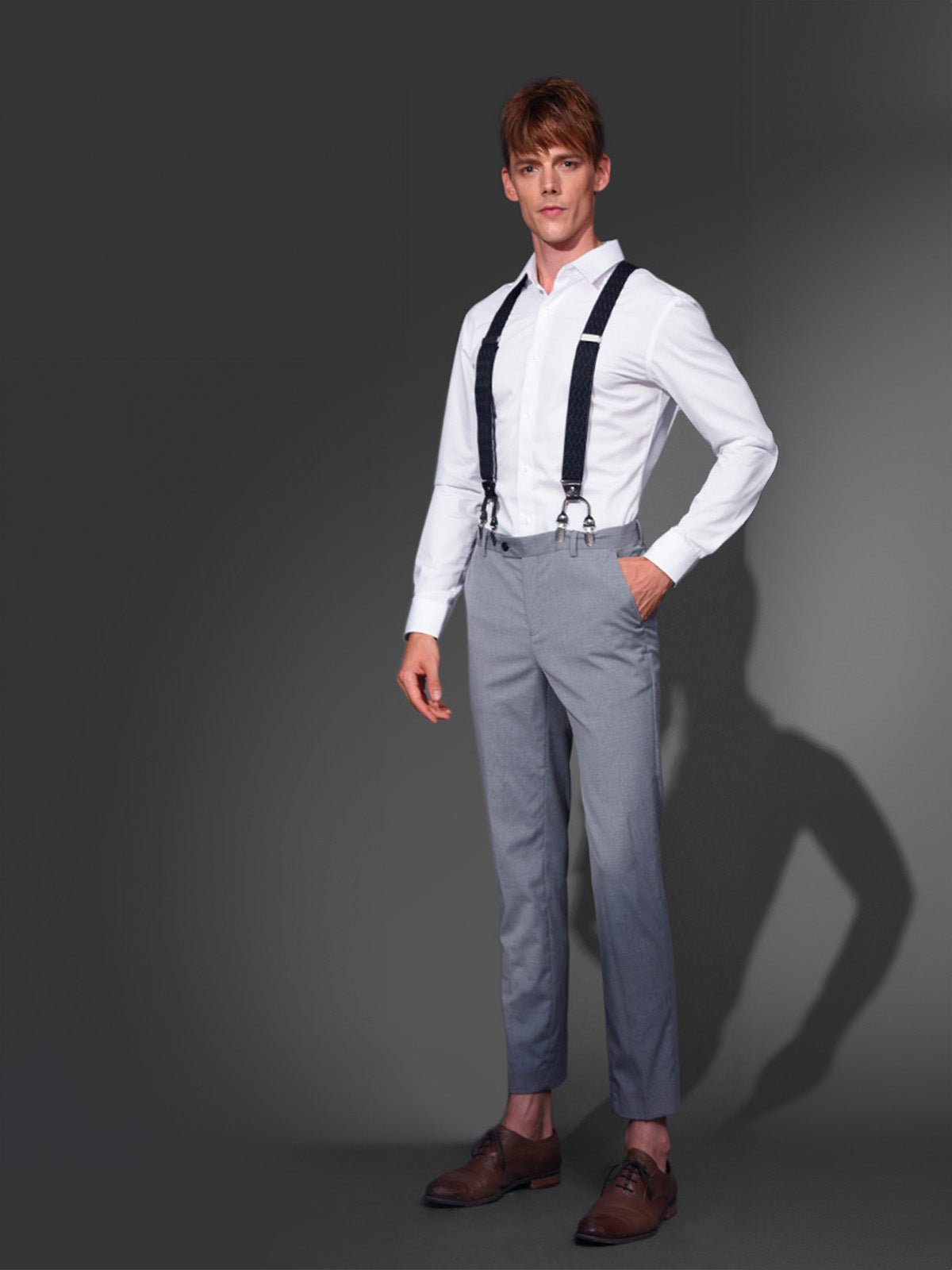 Bretelles homme, style européen, forme Y, double pinces métal, cuir véritable, bande élastique, réglable, motif losange, tenue habillée, accessoire pantalon, modèle Bertrand - Bretelles - Style 1