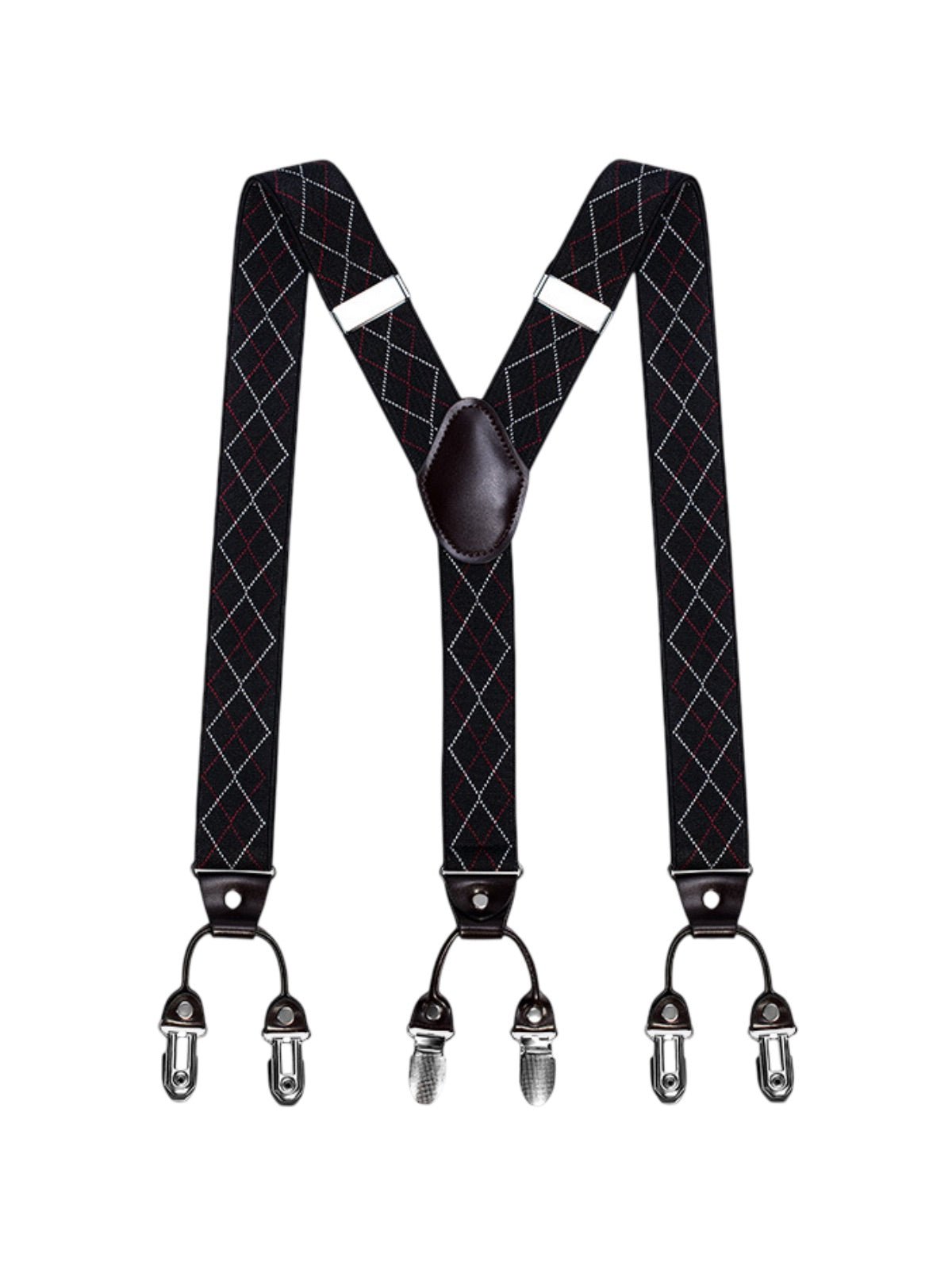 Bretelles homme, style européen, forme Y, double pinces métal, cuir véritable, bande élastique, réglable, motif losange, tenue habillée, accessoire pantalon, modèle Bertrand - Bretelles - Style 6