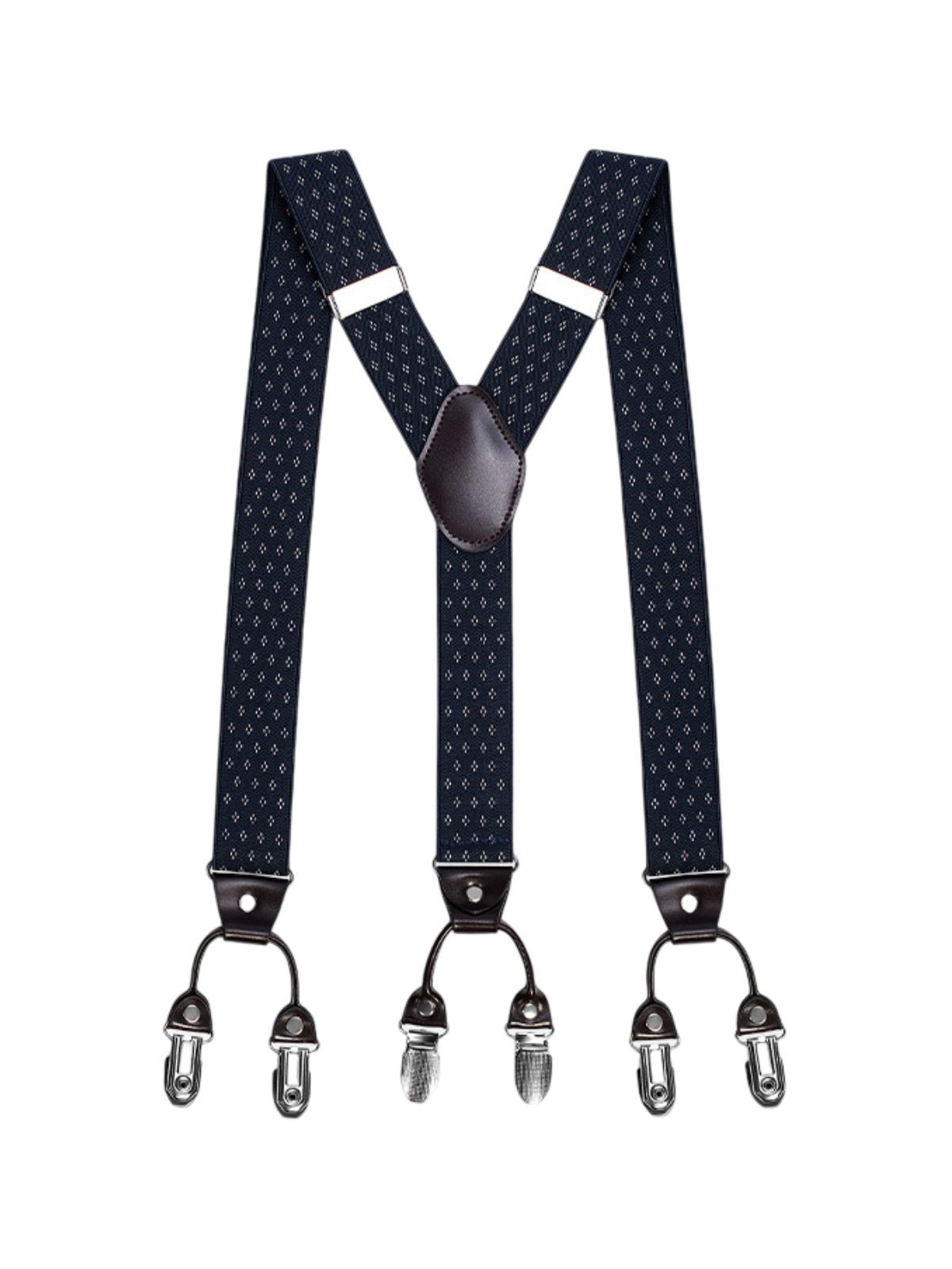 Bretelles homme, style européen, forme Y, double pinces métal, cuir véritable, bande élastique, réglable, motif losange, tenue habillée, accessoire pantalon, modèle Bertrand - Bretelles - Style 7